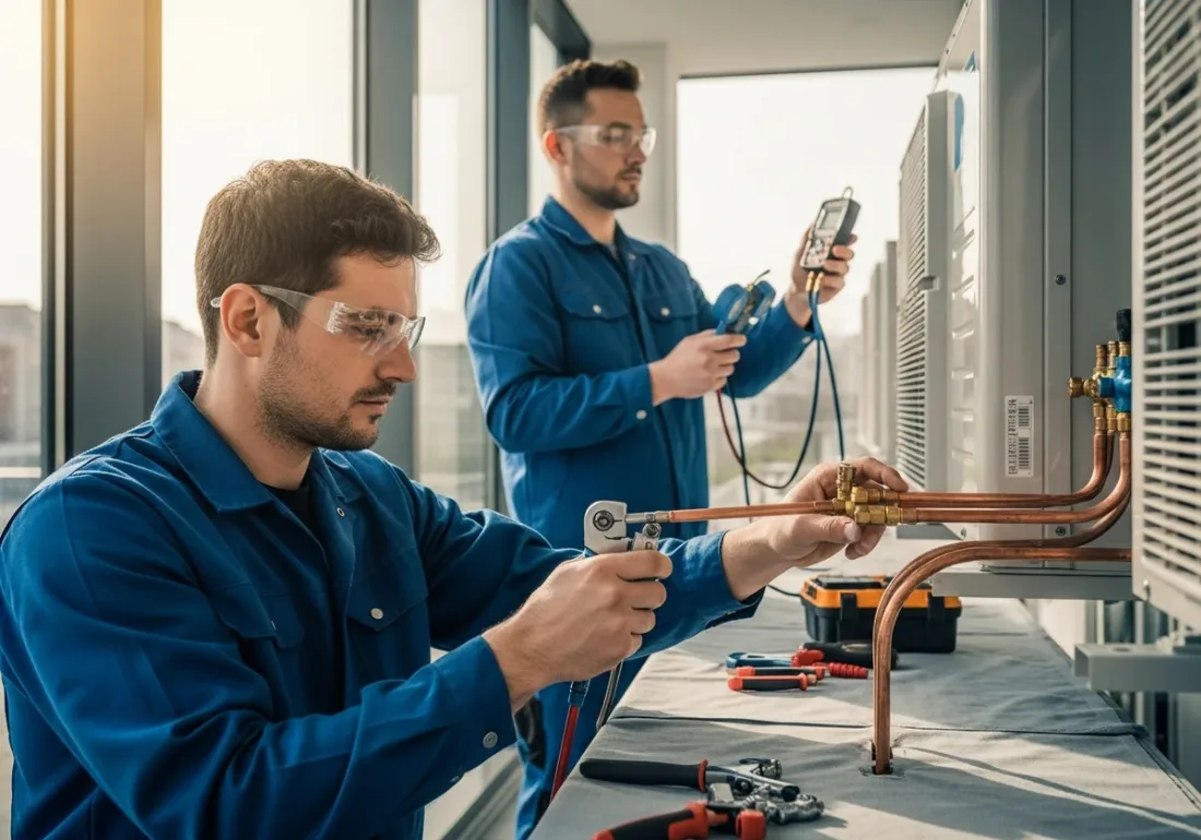 SFC-Techniker bei der Dichtheitspruefung einer Klimaanlage nach F-Gase-Verordnung